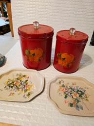 2 Antique Red Tin Canisters  And. Tin Trays