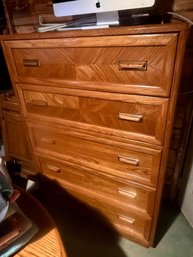Mirror And A Vintage Wooden Highboy Chest Of Drawers Featuring Geometric Parquet Or Sunburst Veneer