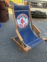 Vintage Wooden Folding Deck Chair Featuring A Blue Canvas Boston Red Sox Sling