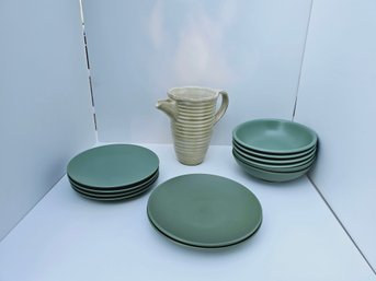 Lot Of Galleria Sage Green Plates And Ceramic Pitcher, Lot #1