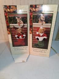 Vintage Christmas Christmas Stocking And Stocking Holder Sets Reindeer And Teddy Bear