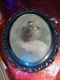 Victorian Antique Picture With Wooden Oval Frame