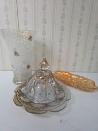 French Art Glass Vase, Antique EAPG Covered Butter Dish, Carnival Glass Tray