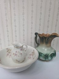 Stunning Large Green Pitcher With Gold Paint, Small Pitcher With A Washbasin