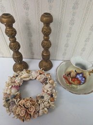An Amazing Seashell Wreath, 2 Candle Holders And A Bowl With Pitcher