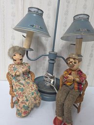 Vintage Gorgeous 2 Tole Ware Tin Metal 2 Candle Lamp Double Arm Pair Slate Blue With 2 Dolls