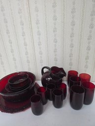Large Ruby Red Glass Collection, Pitcher And Cups