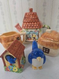 Blue Bird Cute Salt And Pepper Shakers, Two Birdhouse Teapots