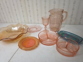 Collection Of Pink And Amber Depression Glass, One Irredescent