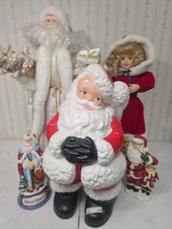 One Large Porcelain Santa, 2 Dolls, Santa And Santa's Helper
