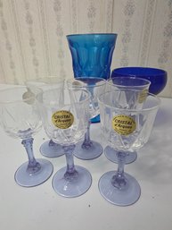 6 French Crystal Cups And 2 Blue Glass Cups