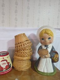 Atlantic Mold Pilgrim Girl Figurine And Lamp Shades