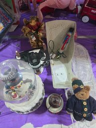 Collection Of Christmas Items, 2 Snow Globes, Dept 56, Metal Sled