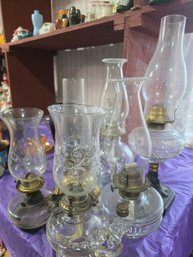 Collection Of 6 Antique Oil Lamps, Glass And Metal