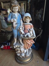 Vintage Large Boy & Girl Plaster Figural Statue  27' W/ Kittens & Puppies