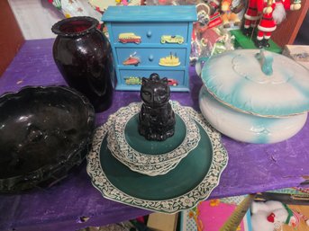 Large Lot Of Random Items, Chamber Pot, Black Ceramic Footed Dish,