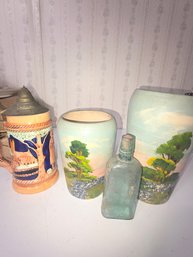 2 Handpainted Vases, An Antique Bottle And A Stein