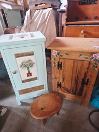 2 Small Painted Cupboards And A Stool