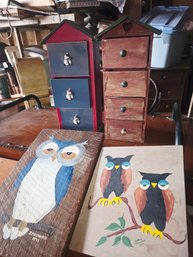 Two Small Wooden Cabinets And Two Originsl Owl Paintings On Wood