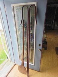 Large Wooden Folk Art, 3 Pieces, Shepherds Canes And A Paddle