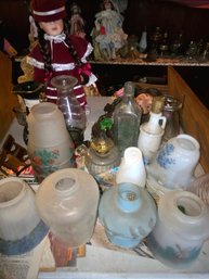 Table Lot, Lamp Shades, Magazines, Dolls