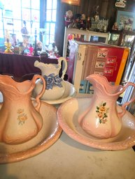 3 Antique Pitchers With Wash  Bowls, For The Dry Sink