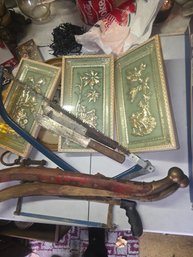Small Table Lot, Includes A Pair Of Antique Horse Harness