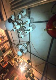 Four Hanging Light Fixtures, One Ruby Red And One Milk Glass