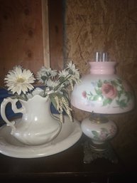Hurricane Lamp And A Pitcher With The Bowl