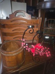 4 Items, Magazine Rack, Candle Holder, Barrel And A Doll Chair