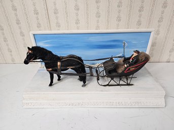Vintage Doll Accessory Set Featuring A Black Horse And Winter Sleigh.