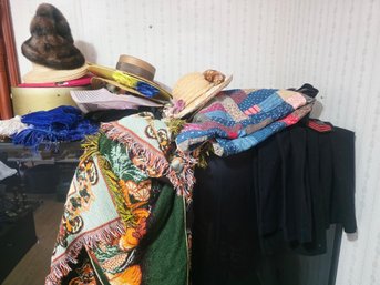 Giant Lot Of Antique Hats, A Quilt, Some Army Clothes...