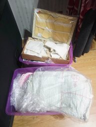 2 Totes Filled With Linen, Blankets, Vintage Lace