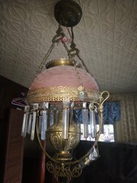 Victorian Hobnail Satin Dew Drop Hanging Electrified Library Lamp W/ Brass And Crystal Prisms