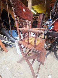 Rare Antique Wooden Convertible High Chair With A Cane Seat.