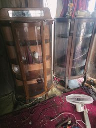2 Vintage Or Antique Curved Glass Oak Curio Cabinets