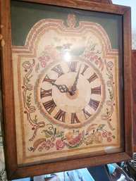 Handmade Cross-stitched Clock In A Wooden Shadow Box