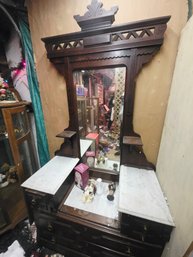 Antique Victorian Walnut Dresser With Marble Top