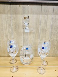 Vintage Hand-blown Crystal Or Glass Decanter And Matching Stemware Set