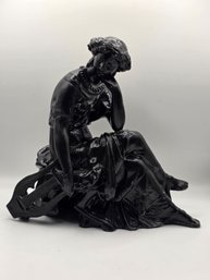 Antique Cast Metal Or Spelter Figurine Of A Seated Classical Woman Holding A Lyre