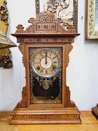 Antique American Oak Shelf Or Kitchen Mantel Clock, Often Referred To As A 'gingerbread', WORKING