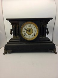 Victorian Black Wooden Mantel Or Shelf Clock, Working
