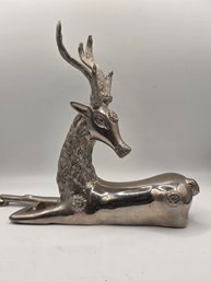 Heavy, Solid MCM Nickel-plated Cast Brass Recumbent Deer Sculpture