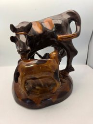 Mid-century Rustic Or Folk Art  Hand-carved Wooden Sculpture Depicting A Mother Cow And A Nursing Calf