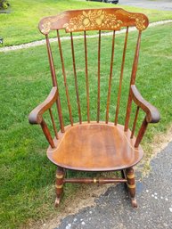 Vintage Wooden Rocking Chair, Resembling A Traditional Boston Or Harvest Rocker With A Stenciled Fruit