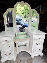 Vintage White Vanity Desk Featuring A Multi-panel Tri-fold Mirror And A Stool