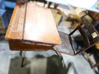 Incredible Find: Antique Child's School Desk With An Attached Seat And A Wooden Writing Surface