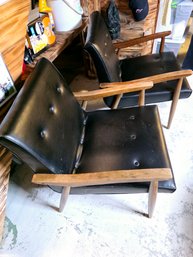 Gorgeous Pair Of Mid-century Modern Black Leather (or Faux) Accent Armchairs