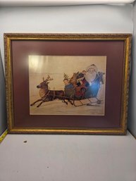 Vintage 1989 Folk Art Print Of Santa In A Sleigh With A Reindeer And Children