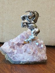Vintage Pewter Unicorn Figurine Mounted On A Natural Amethyst Crystal Geode Cluster